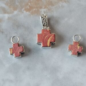 Cute sterling silver and orange stone cross pendant and earrings/charms